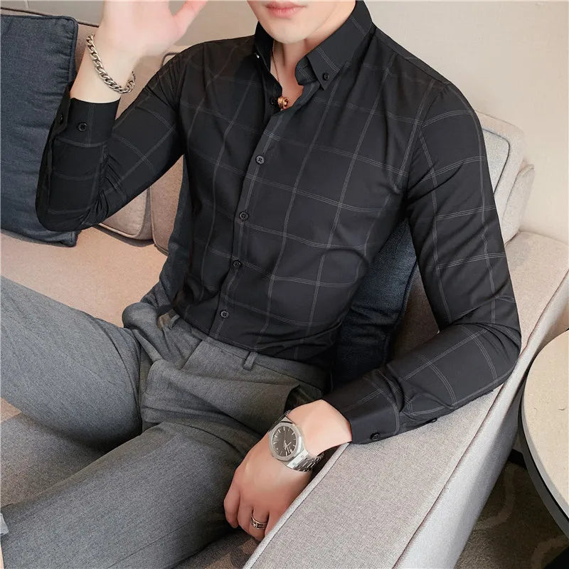 Threebooy Spring Business Casual Plaid Shirt Men's Formal Workwear Wedding Dress Slim Social Party Clothes Checked Shirt S-4XL