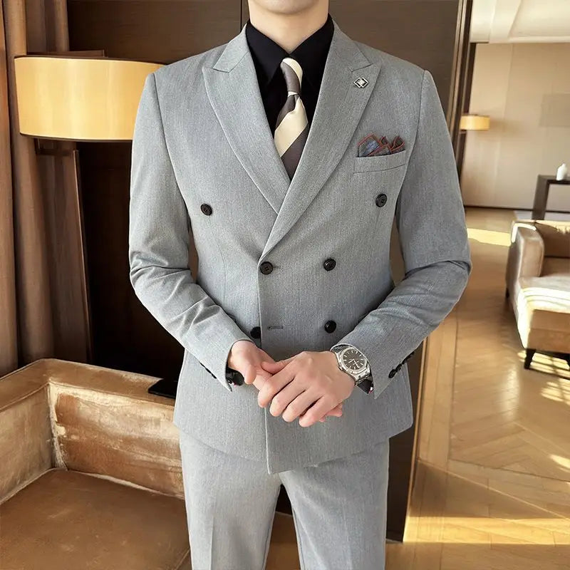 Threebooy  Men's 2 Piece Set Suit Casual Elegante Style Slim Fit Dress Double Row Trendy Formal Wear For Wedding Groom