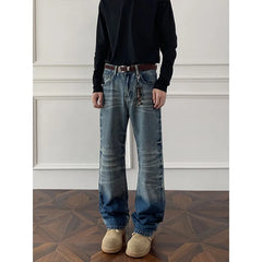 Threebooy Mens Straight Leg Jeans Business Casual Vintage Blue Denim Pants for Middle Aged Man Classic Fit man trousers