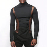 Threebooy Mens Sexy Tight-Fitting Sports Fitness Mesh Long-Sleeved Tops Autumn Nightclubs Perspective Stitching Stretch Turtleneck Tops