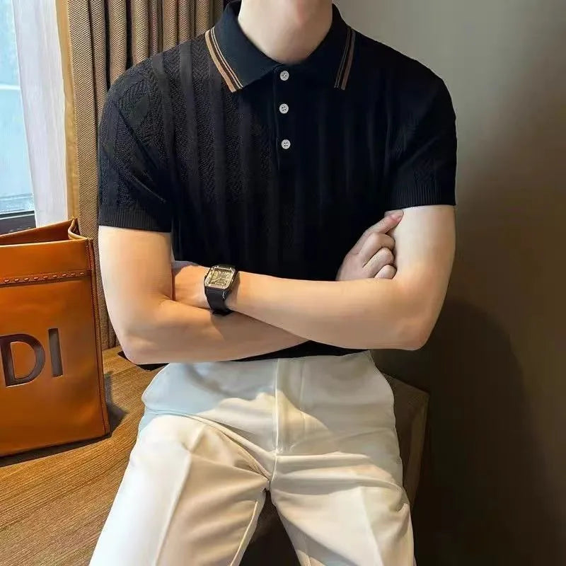 Threebooy  New Men's Clothing Light Luxury Business Knit Polo Shirt Fashion Leisure Short Sleeve T-shirt Korean Style Retro Knitwear M-3XL