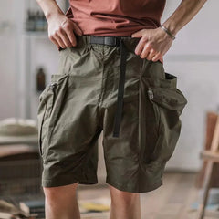 Threebooy Summer Cargo Pants Men's Vintage Belt Design Safari Style Shorts Fashion Casual Baggy Pocket Zipper Sports Knee Length Trousers