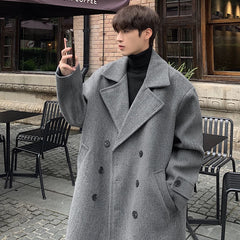 Threebooy Winter High Quality Woolen Trench Coats Men Korean Style Luxury Male Casual Trenchcoat Men's Streetwear Gray/Khaki/Black