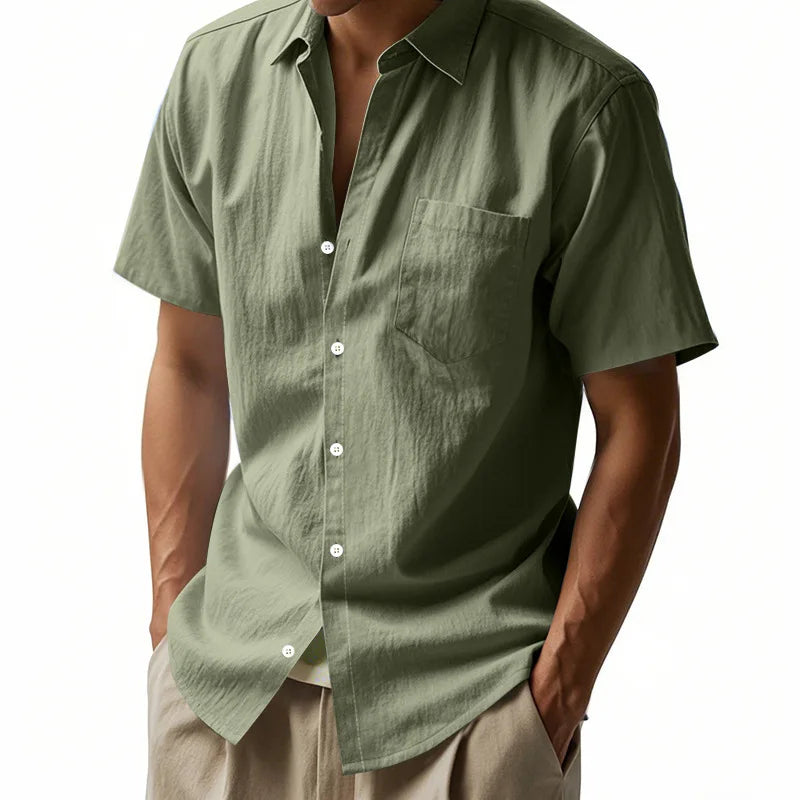 Threebooy Summer Solid Cotton Linen Lapel Short Sleeved Shirt For Men Casual Pocket American Style Shirts And Blouses