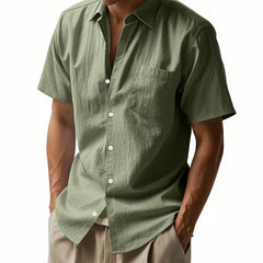 Threebooy Summer Solid Cotton Linen Lapel Short Sleeved Shirt For Men Casual Pocket American Style Shirts And Blouses