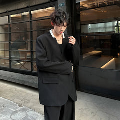 Threebooy Black/White Men Blazer Collarless Contrast Color Streetwear One Button Long Sleeve Fashion Men Casual Suit Jacket 3XL-M