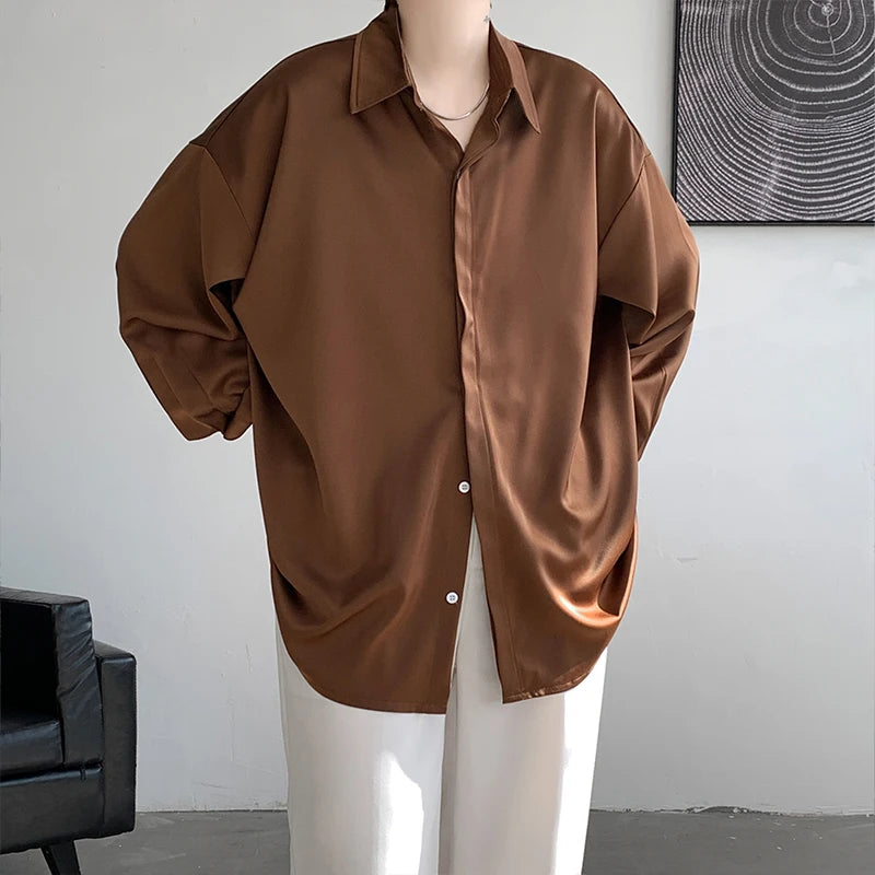 Threebooy Korean Fashion Ice Silk Shirts for Men Spring Summer Solid Color Long Sleeve Casual Loose Comfortable Button Up Shirt 5XL-M