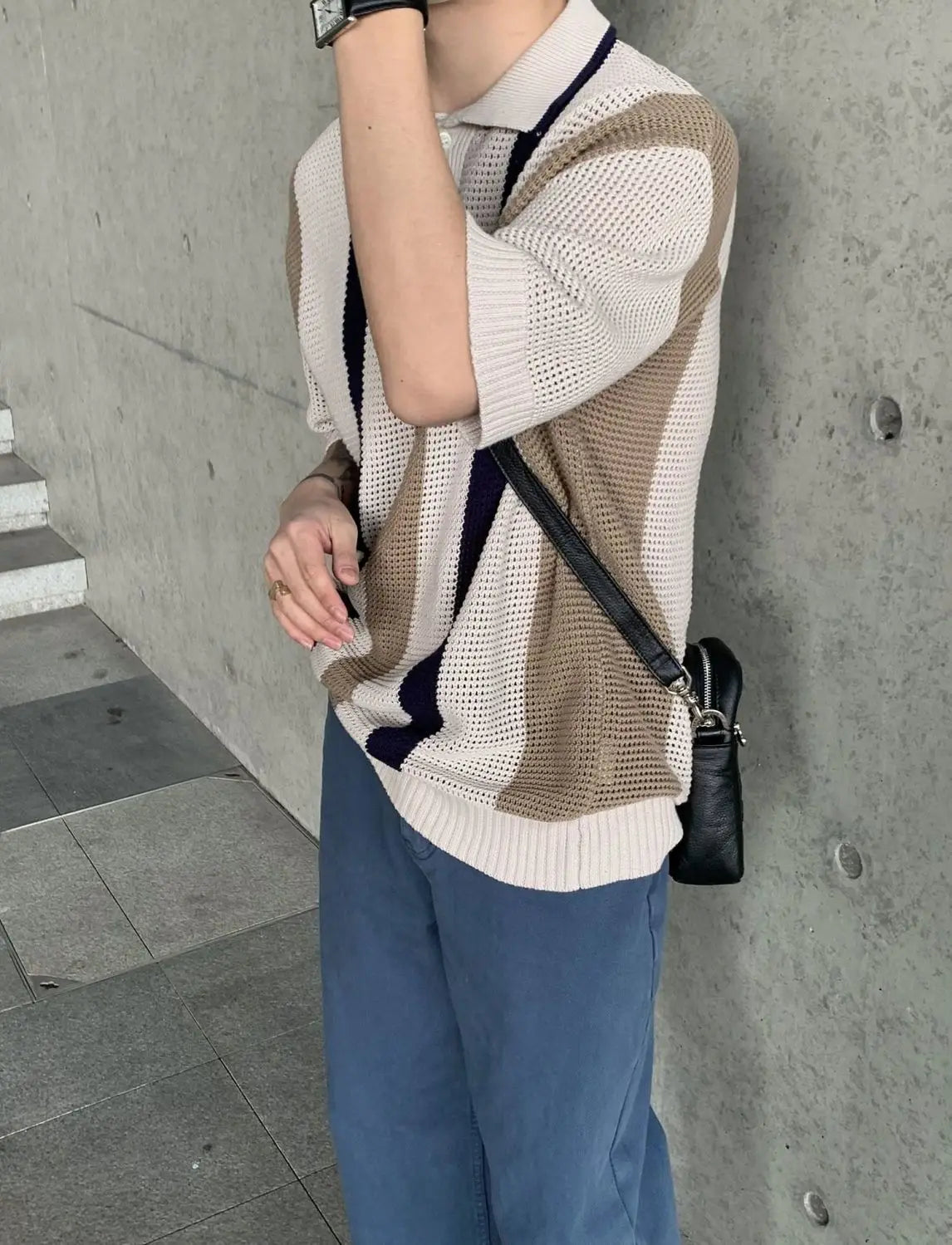 Threebooy Summer Hip Hop Men and Women Trendy Personalized Hollow Stripe Color blocked Knitted Polo Shirt Korean Casual Short Sleeve y2k