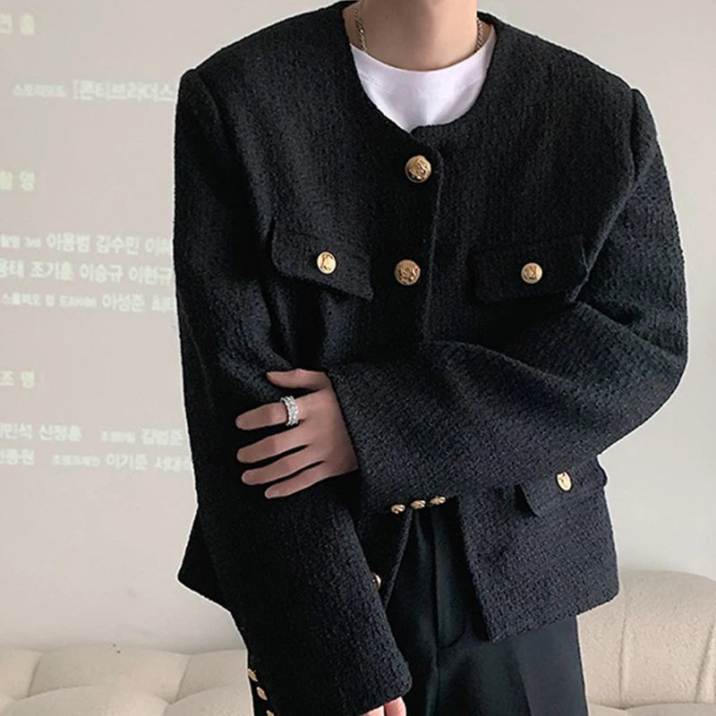 Threebooy Korean Style Fashionable Tweed Round Neck Jacket Men Japanese Trendy High-end Single-breasted Short Jacket with Temperament