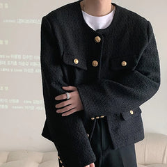 Threebooy Korean Style Fashionable Tweed Round Neck Jacket Men Japanese Trendy High-end Single-breasted Short Jacket with Temperament