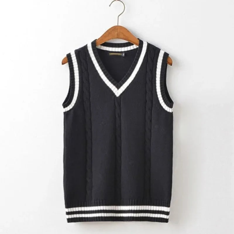 Threebooy Striped White Knitted Sweaters for Men Blue Sleeveless Man Clothes V Neck Vest Red Waistcoat Jumpers Sweat-shirt Cigaret Cotton