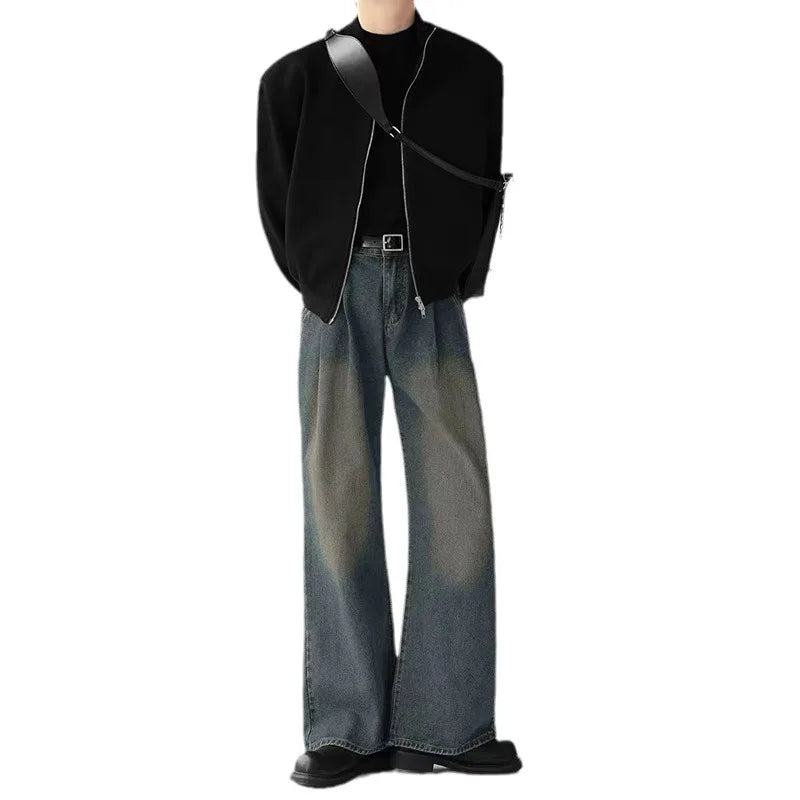 Threebooy American retro loose jeans men's women's wide leg pants long pants with hanging feel straight leg floor length pants