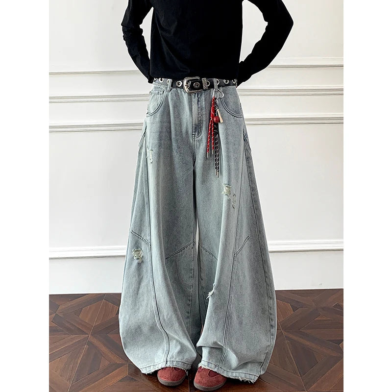 Threebooy Loose Fit Jeans Men Baggy Wide Leg Denim Pants Patchwork Ripped Light Blue Wash Hip Hop Streetwear Fashion New 2025 autumn jeans