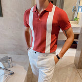 Threebooy Knit Polo Gradual Change Color Men Knitted Polo Shirt Short-sleeved Tops Striped Turn Down Collar Business Polo Men Shirt