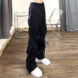Threebooy High Street Pleated Overalls Men's Pants Fashion Loose Straight Button Casual Male Trousers Solid Color Darkwear