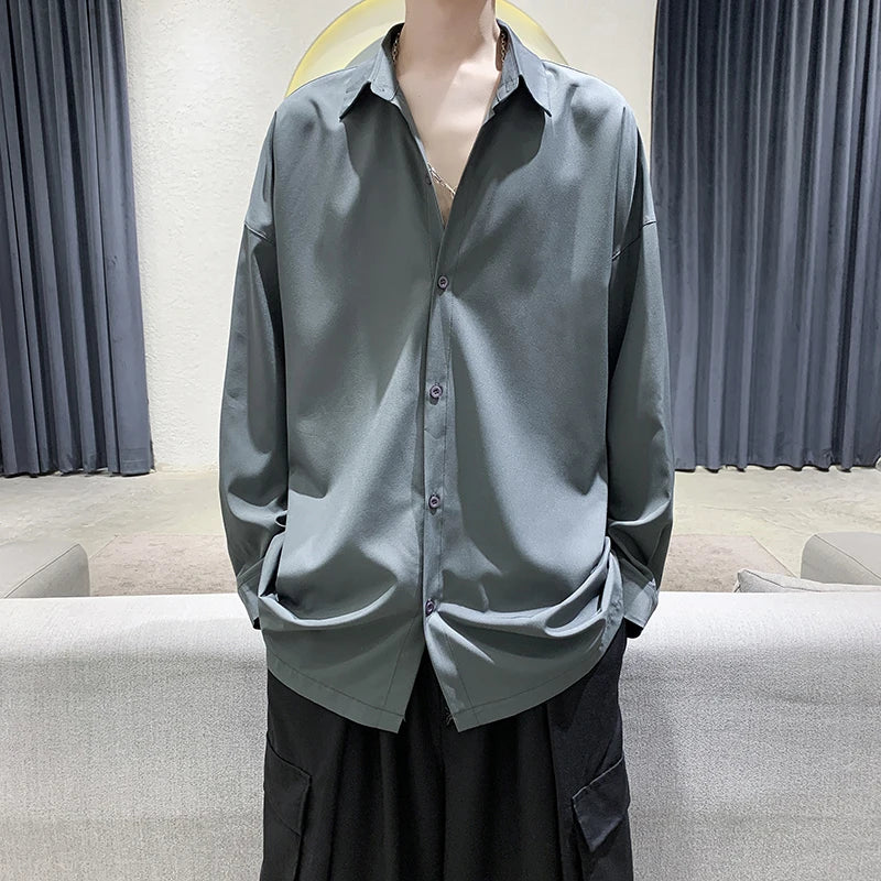 Threebooy Men Black Solid Long-sleeved Shirts Mens Harajuku Fashion Oversize Shirt Male Gray Casual Streetwear Loose Blouses Plus Size
