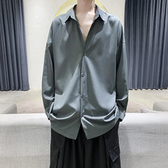 Threebooy Men Black Solid Long-sleeved Shirts Mens Harajuku Fashion Oversize Shirt Male Gray Casual Streetwear Loose Blouses Plus Size