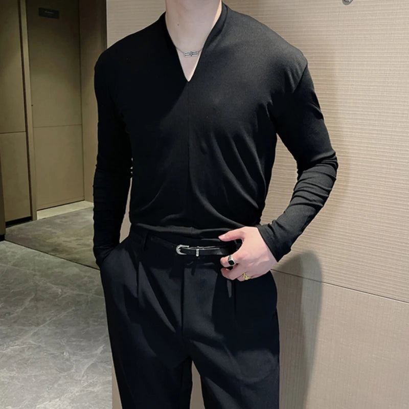 Threebooy  Autumn Trend High Elasticity Ribbed Knitted Long Sleeve T-shirt men Temperament V-neck Versatile T-shirt casual Base Shirt
