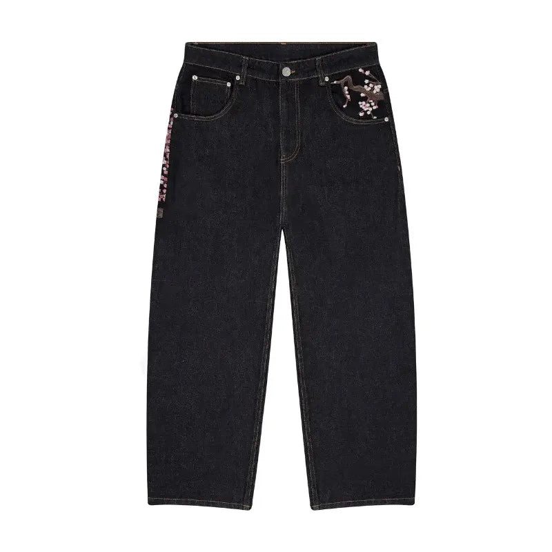 Threebooy  Y2K Baggy jeans Cherry Blossom Selvedge Embroidery Denim Pants men women denim fabric American Hiphop Streetwear Wide Leg Jeans