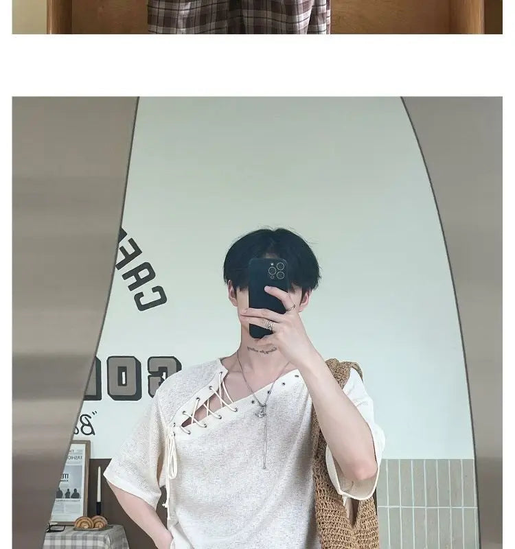 Threebooy Street Punk Shirt Off-shoulder Hollow T-shirt American 2025 New High-end Style Fashionable Casual Loose Short Sleeves