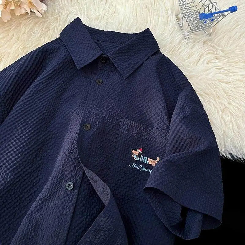 Threebooy Bubble Yarn Embroidered Shirt Short-sleeved Summer Thin Breathable Quick-drying Beach Shirt Couple Half-sleeved Jacket