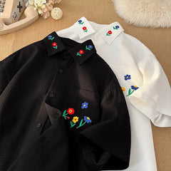 Threebooy  Flower Embroidery Short Sleeve Shirt Harajuku Korean White Black Half Sleeve Casual Shirt Summer Tops