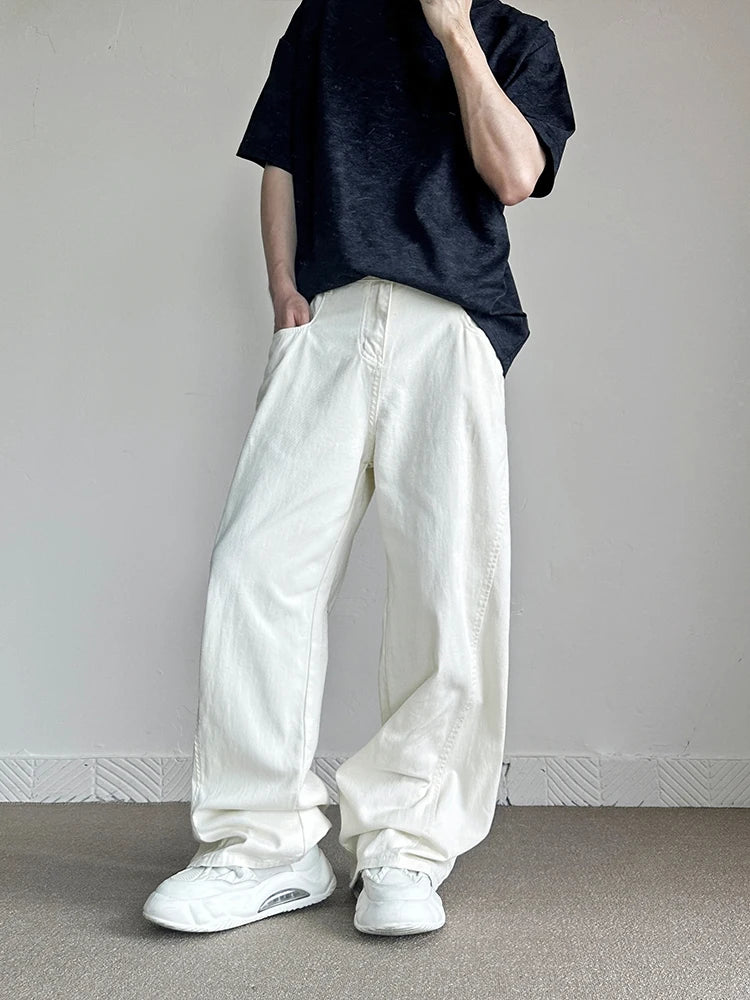 Threebooy  New Loose Harajuku White Jeans Men's Fashion High Street American Casual Trousers Male Straight Hip Hop Denim Pants