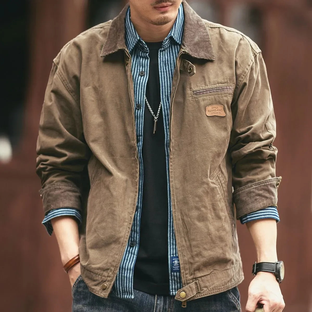 Threebooy  Spliced   American Work Jacket Autumn Winter New Long-sleeved Loose Casual Men