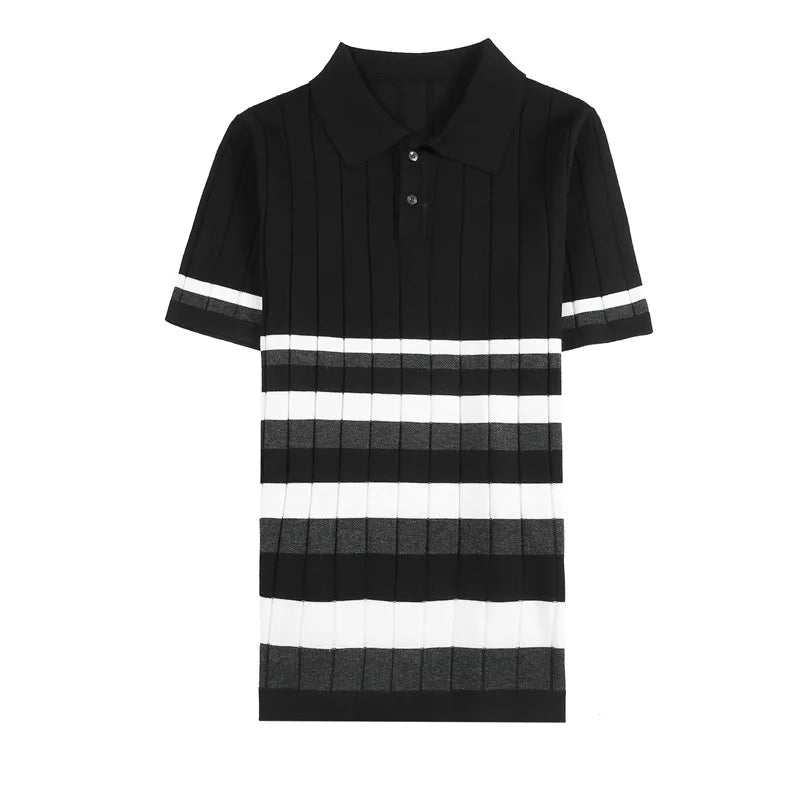 Threebooy  British Style Men's Fashion Lce Silk Stripe Knitting POLO Shirts/Male Slim Fit Short Sleeve Leisure POLO Shirts S-3XL