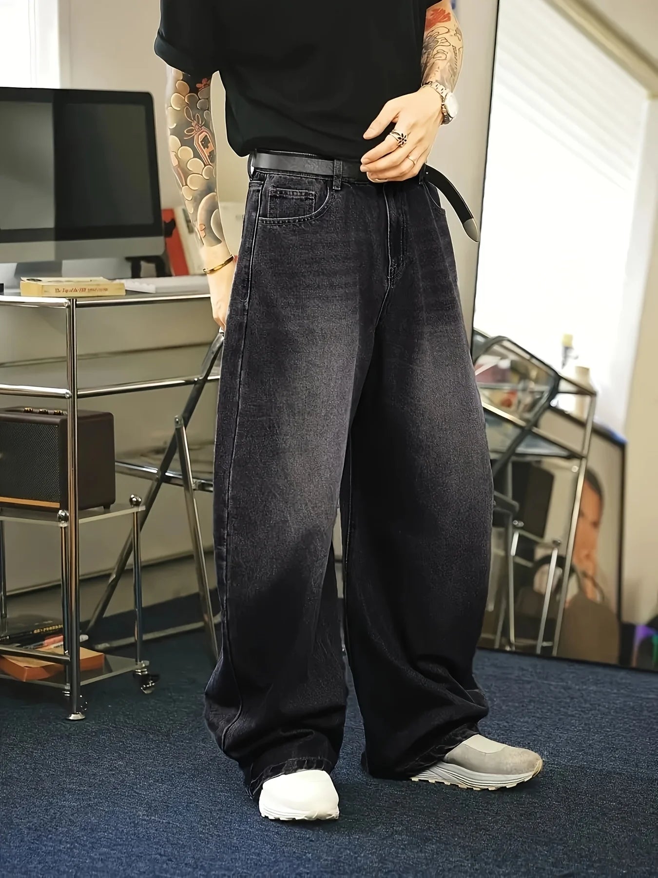 Threebooy  1Pc Men's Daily Travel Casual American Street Loose Jeans, Black, Light Blue, Sea Blue Fashion Street Style Retro Lantern Jeans  Denim Pants