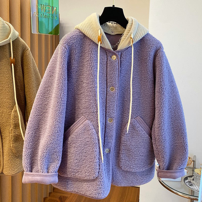 Threebooy Simple Niche Splicing Detachable Knitted Hooded Coat Women Autumn Winter Velvet Loose Casual Lamb Wool Warm Button Top