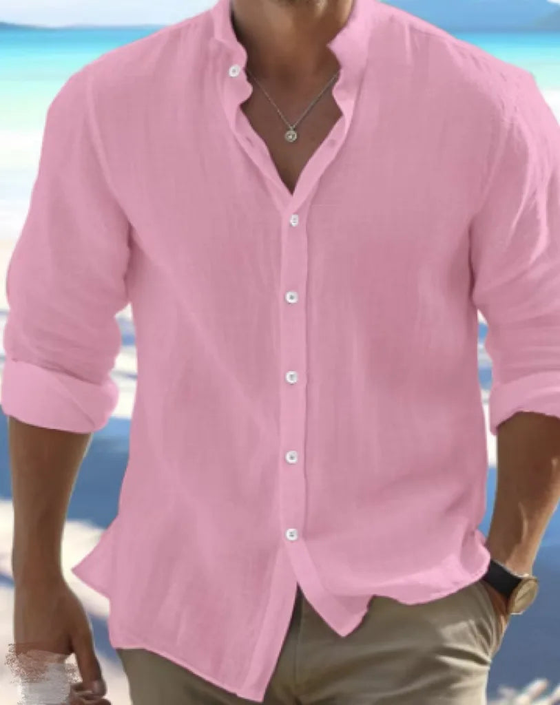 Threebooy  Men's Linen Button-up Shirt Summer Beach Shirt Long Sleeve Plain Stand Collar Casual Everyday Clothing