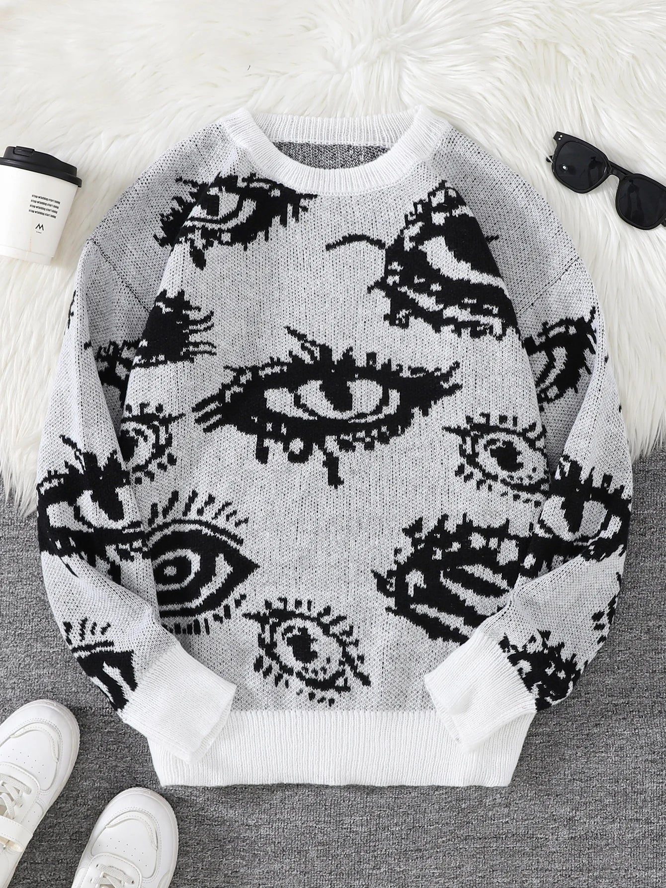 Threebooy  New Popular Autumn and Winter Abstract Eye Jacquard Pattern Pullover Sweater Casual Round Neck Knitted Men's Pullover