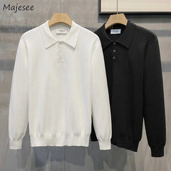 Pullovers Men Turn-down Collar Office Simple Solid Young Korean Style Spring Autumn All-match College Long Sleeve Knitted Casual