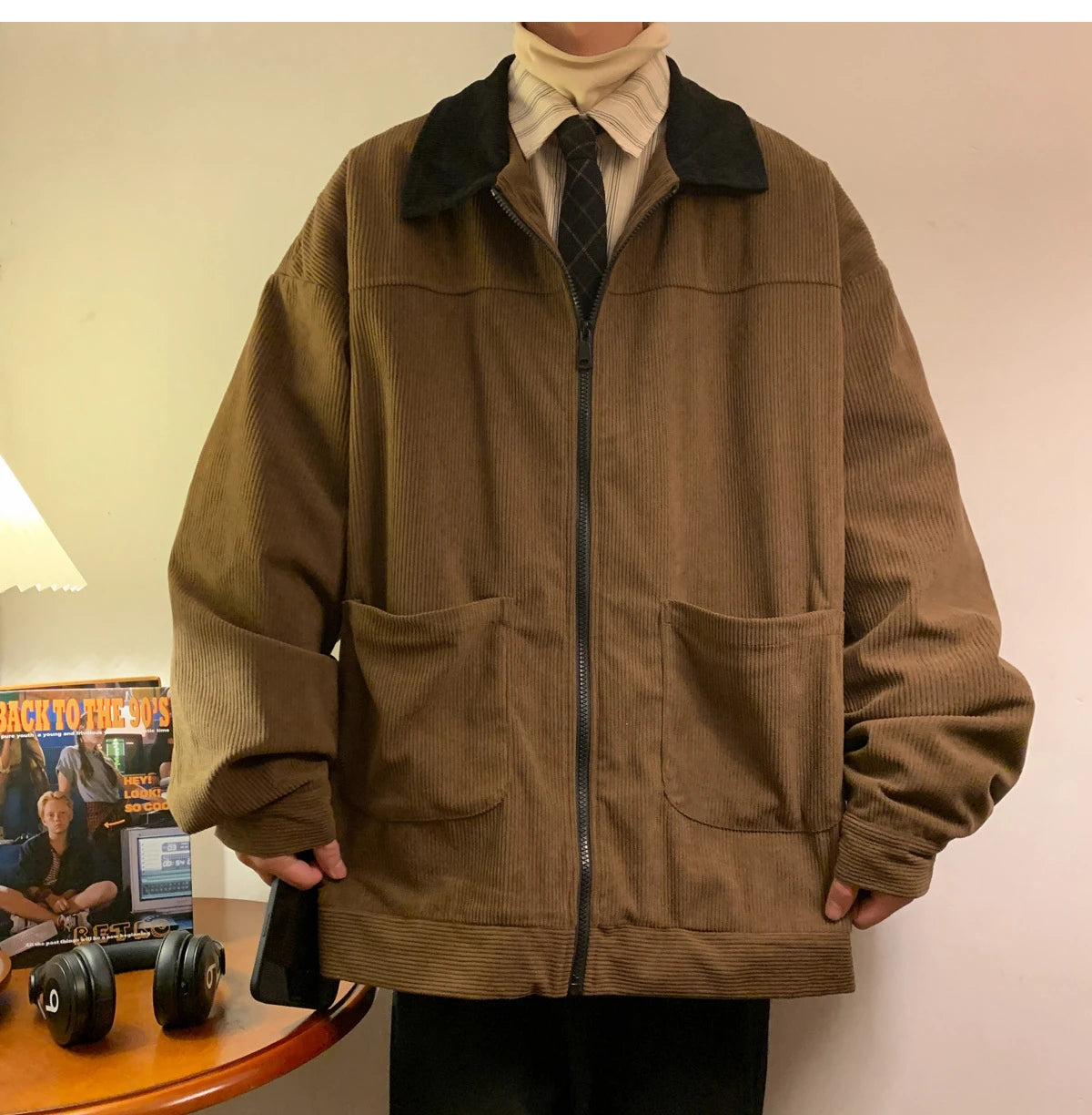 Threebooy American Style Vintage 2025 Men Bomber Jacket Windbreakers Zipper Coats Autumn Loose Cargo Outwear
