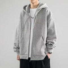 Threebooy Solid Zipper Cardigan Sweatshirt for Men in Spring Autumn Loose Versatile Hooded Student Hong Kong Style Men's Clothing Jacket