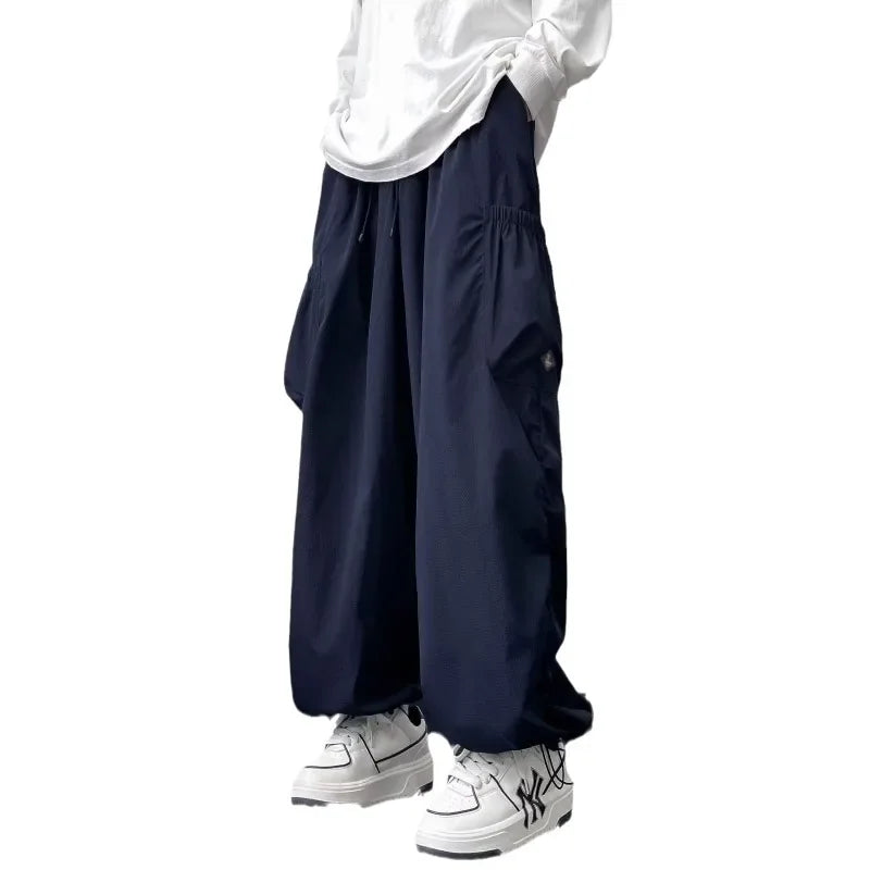 Threebooy Japanese Casual Loose Pocket Trendy Drawstring Ankle Tie Workwear Pants Versatile Wide Leg Mop Pants Spring Autumn New Style