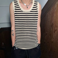 Threebooy  Striped Knitted Summer Tanks Tops Men's O-Neck Korean Knitwear Shirts Sleeveless Streetwear Loose Top Vintage Cropped Sexy