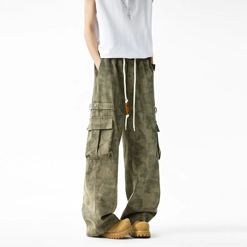 Threebooy Men Military Camo Workwear Cargo Pants Elastic Waistband Drawstring Tactical Joggers Loose Straight Leg Big Side Pockets Outdoor