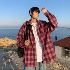 Red Blue Plaid Shirts Men American Vintage Couples Classic Loose Outwear Teens Camisas De Hombre Single Pocket Autumn New BF Ins