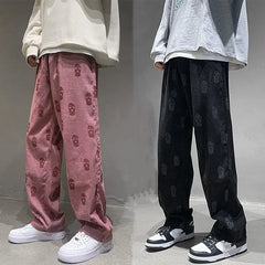 Threebooy Baggy Corduroy Men Wide Pants Spring Fashion Design Print Trousers Hiphop Straight Sweatpants Oversized Bottoms Man Y2k Clothes