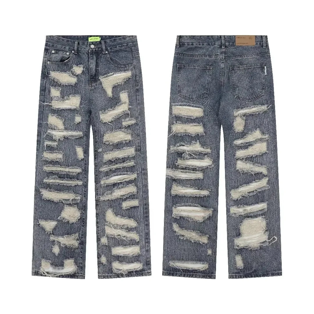 Threebooy American Style Broken Hole Old Jeans Loose Hundred New Pants Men's Streetwear Baggy Jeans  Y2k Jeans Ripped Jeans Men Pants