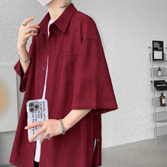 Threebooy Wine Red Side Buttons Pleated Shirt Black Apricot Harajuku Button Up Korean Short Sleeve Aesthetic Male Shirts Men Blouse