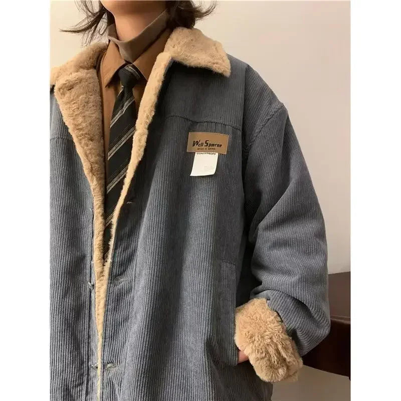 Threebooy Men's Retro Corduroy Padded Jacket Women Winter Loose Casual Thickened Cotton Turndown Collar Single-breasted Long Sleeves Tops