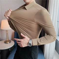 Threebooy  Men's Long Sleeved Elastic Shirt No Ironing Business Wear Professional Workwear Stand Up Collar Shirt Casual Solid Color Shirt