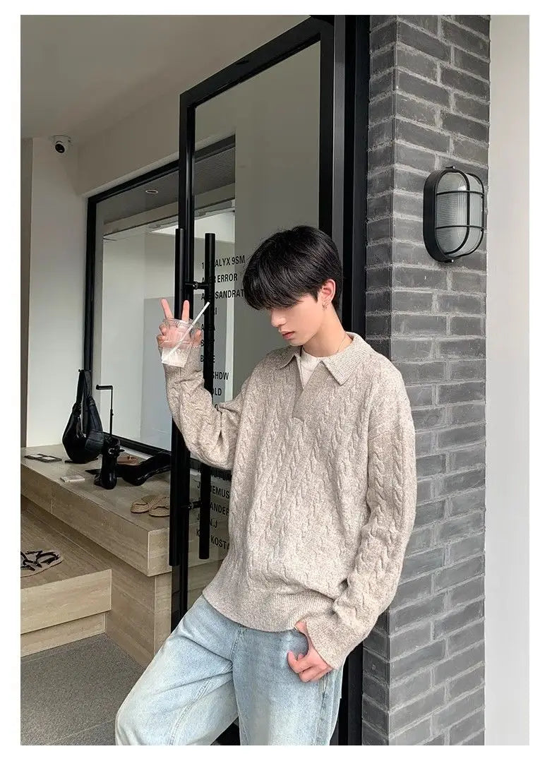 Threebooy Korean style spring and autumn men and women trendy street collar pullover sweater for couples loose retro street casual simple