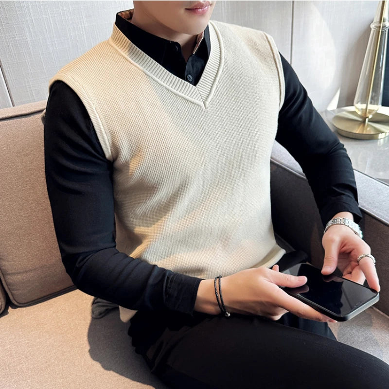 Threebooy Fake 2 Pieces Shirt Collar Men's Winter High Quality Sweater Vest/Male Slim Fit Fashion Knitted Pullover/Man V-neck Sweaters 3XL