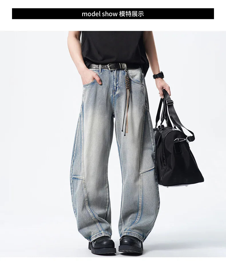 Threebooy Mens Loose Fit Patchwork Wide Leg Washed Jeans Vintage Denim Pants Casual Streetwear Comfort Trendy Baggy Trousers Hip Hop