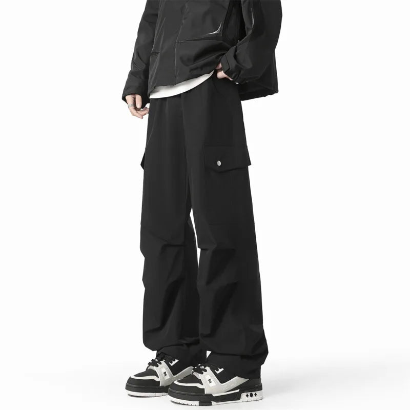 Threebooy Black Casual Pants Men Fashion Retro Pocket Cargo Pants Men Japanese Streetwear Hip-hop Loose Straight Pants Mens Trousers