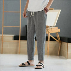 Threebooy  Men's Casual Pants Summer Thin Linen Pants Loose Striped Nine-point Pants Straight Sports Pants Cotton Linen 9-point Pants